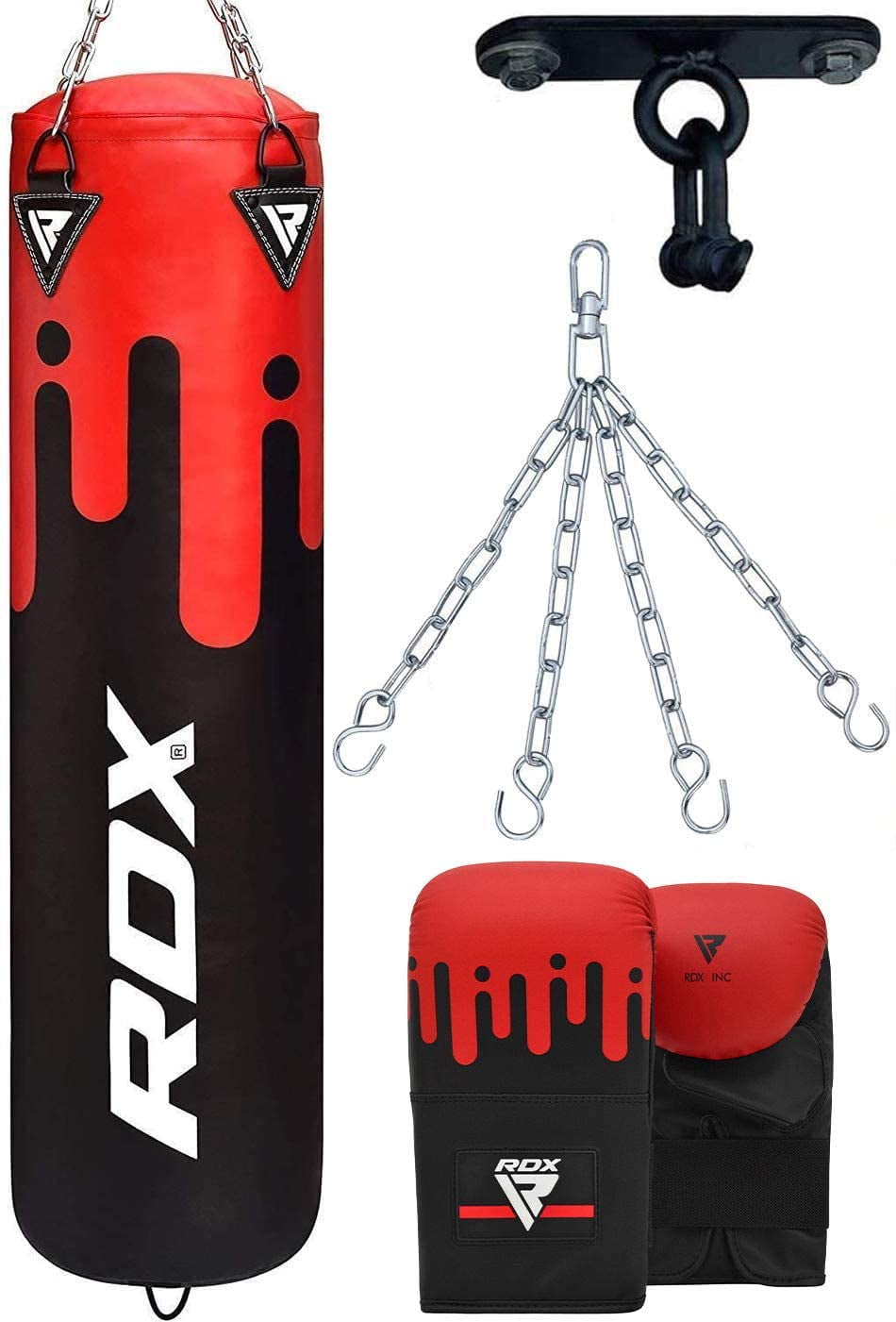 RDX Punching Bag Unfilled Set Kick Boxing MMA Training Gloves Heavy Punchinging Mitts Hanging Chain wall Bracket Muay Thai 4PC Martial Arts 4FT 5FT