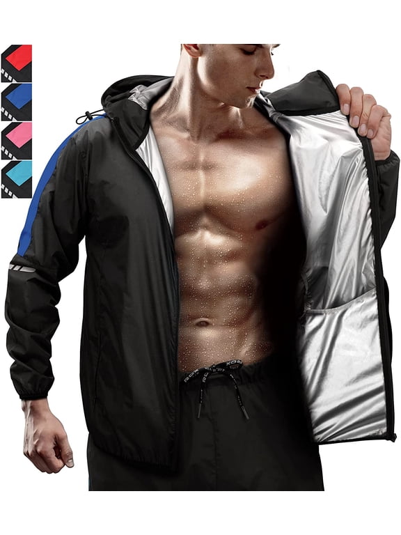 Sauna Suit Weight Loss, Full Body Sweat Heat Suit with Hood, Anti Rip Silver Back Long Sleeves Tracksuit, Boxing MMA Slimming Gym Fitness Running Workout Zipper Jacket, Men Women Top Trouser Set