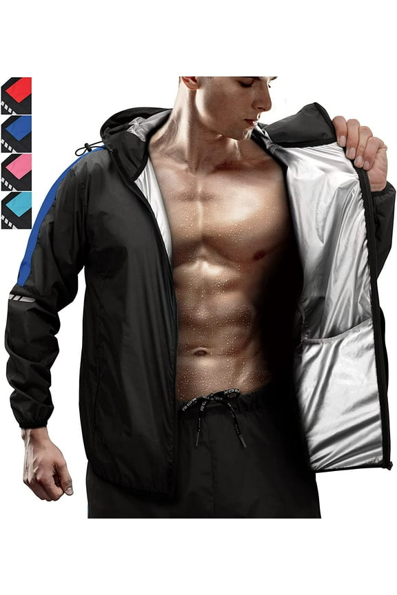 Sauna Suit Weight Loss, Full Body Sweat Heat Suit with Hood, Anti Rip Silver Back Long Sleeves Tracksuit, Boxing MMA Slimming Gym Fitness Running Workout Zipper Jacket, Men Women Top Trouser Set