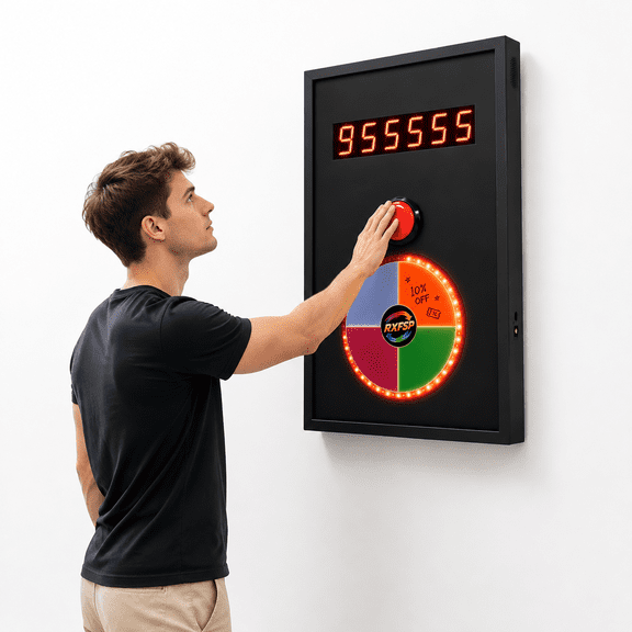 RDYMONKEY Digital Challenge Timer Game, Wall Mounted Interactive Arcade Game Machine with LED Score Display, Light Up Prize Wheel and Large Button for Party Events, Schools