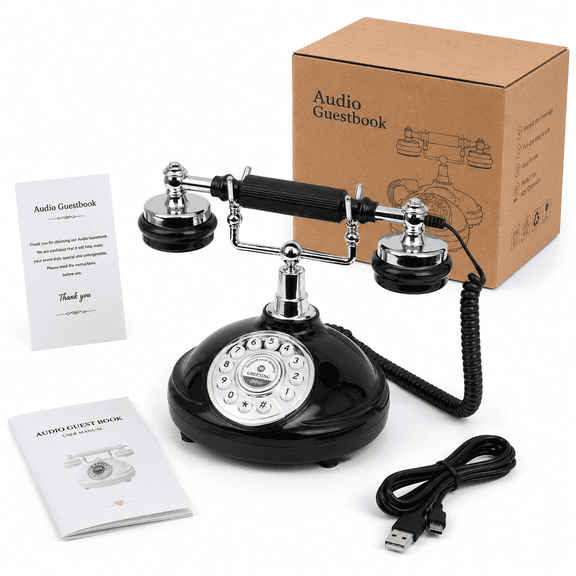 RDYMONKEY Retro Audio Guest Book Phone - Record Custom Voice Messages for Wedding, Birthday, Graduation Party | 8GB Storage, USB Sync, Battery Included (Black)