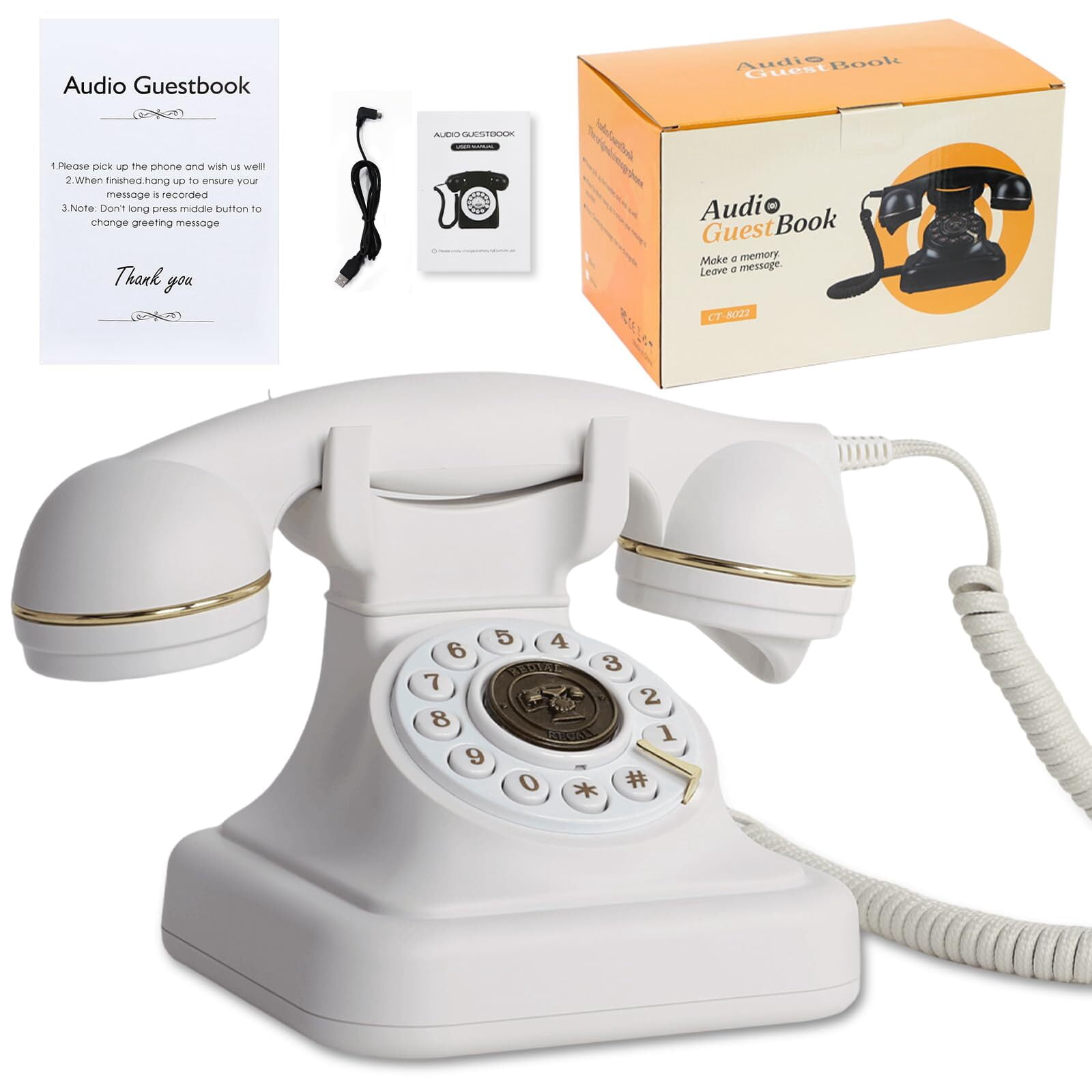 RDYMONKEY Retro Audio Guest Book Phone for Weddings, Parties - Record Custom Voice Messages w/ 16GB SD Card, USB Playback, LED Indicator - Vintage Gift for Anniversary, Birthday (Black)