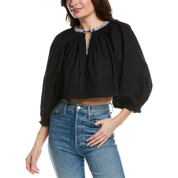RE/DONE womens  Victorian Cut Off Blouse, xs, Black