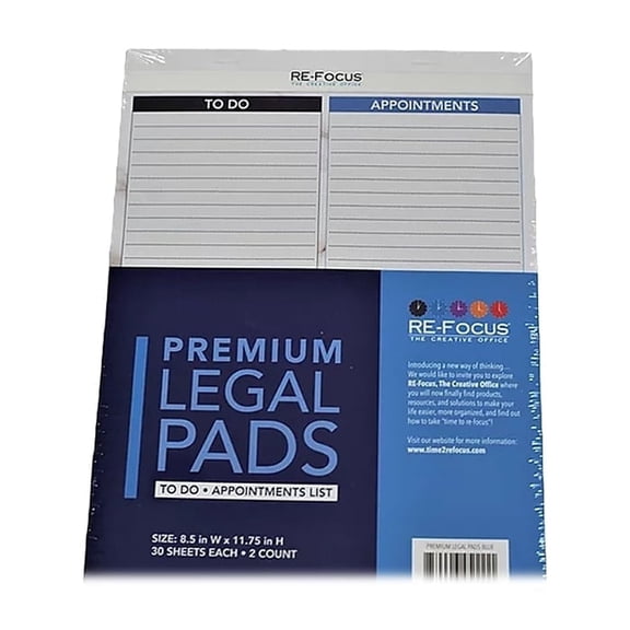 RE-FOCUS THE CREATIVE OFFICE Legal Pads, Ruled, 8.5" x 11.75", Blue, 30 Sheets, 2 Count