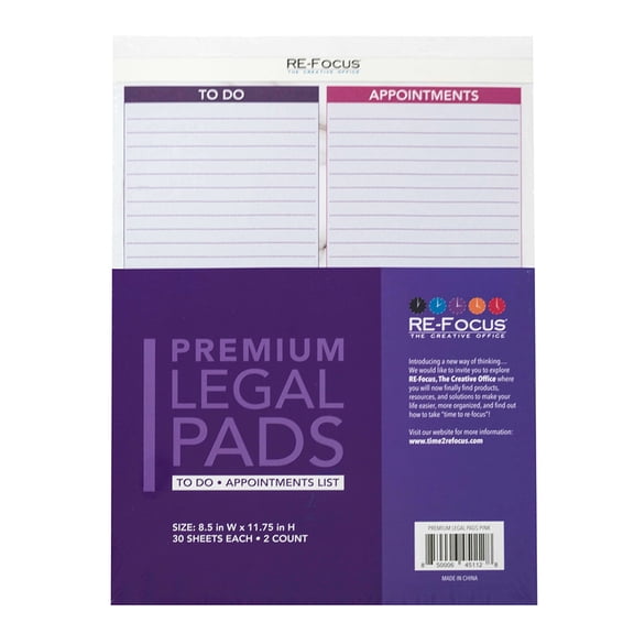 RE-FOCUS THE CREATIVE OFFICE Ruled Legal Pads, 8.5" x 11.75", Purple, 30 Sheets, 2 Count