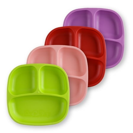 RE-PLAY 4pk Divided Plates | Made in USA | Made from Recycled Milk Jugs | Grinchmas+ (Lime Green, Red, Blush, Purple)