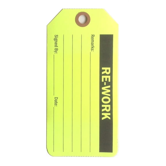 RE-WORK Tag, 6-1/8" x 3", Fluorescent Yellow Cardstock, Reinforced Hole - Roll Dispenser w 100 Tags