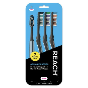 REACH Advanced Design Toothbrush, Angled Neck, Firm Multi-Level Bristles, Contoured Handle, Tongue Scraper, 7 Count (Packaging and Color May Vary)