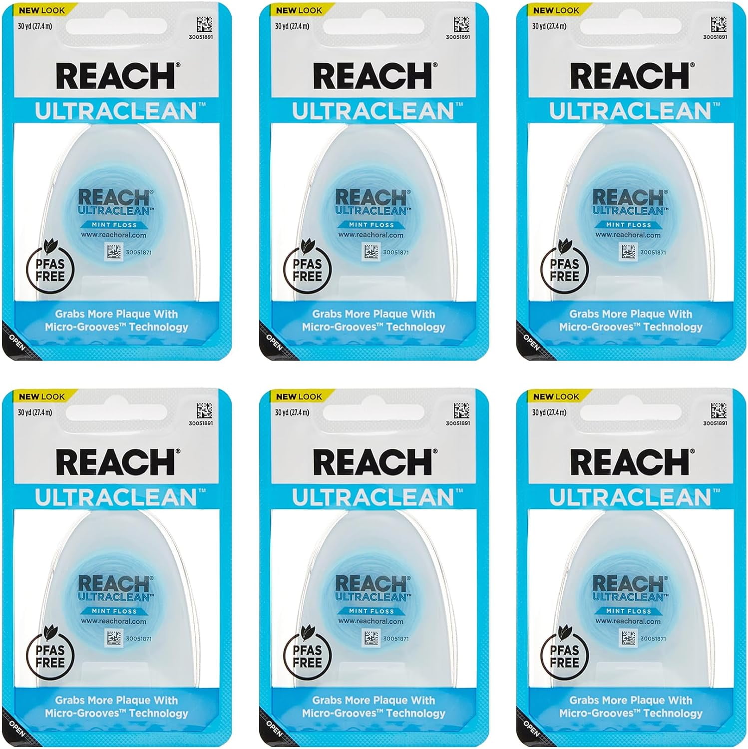 REACH Listerine Ultraclean Mint Waxed Dental Floss | Dental Floss | PFAS Free | Shred Resistant | Effective Plaque Removal | Mint Flavor | 30yd, 6 Pack, Package May Vary
