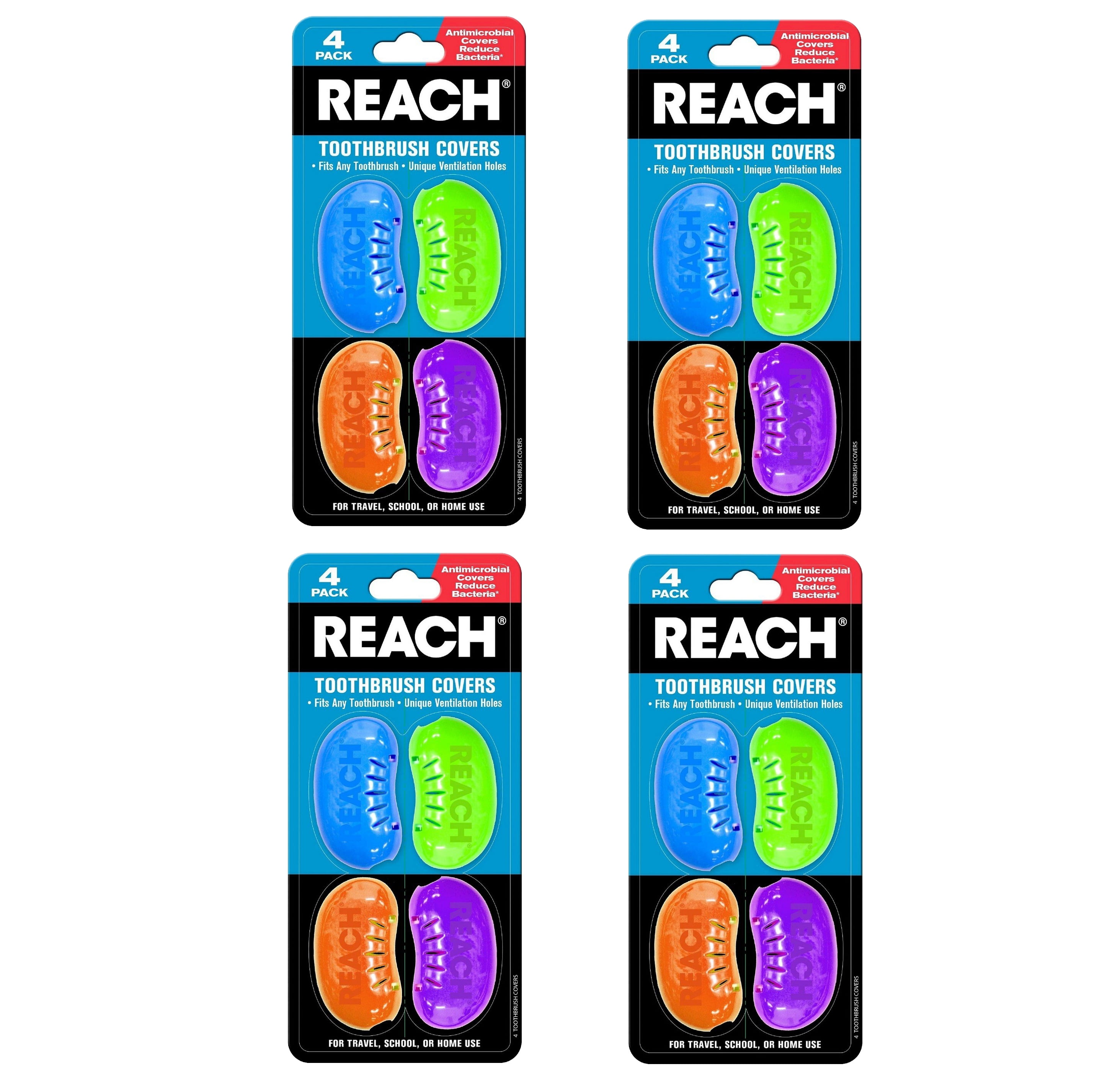 REACH BPAFree Toothbrush Covers, 4 Colors, 4 Packs, Keeps Brush