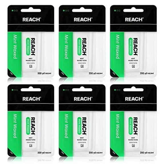 REACH Waxed Dental Floss 6-Pack, Mint, 200 yds, Plaque Remover, Shred Resistant, Extra Wide Cleaning, Gentle on Gums & Teeth, PFAS-Free, Oral Care, for Adults & Kids