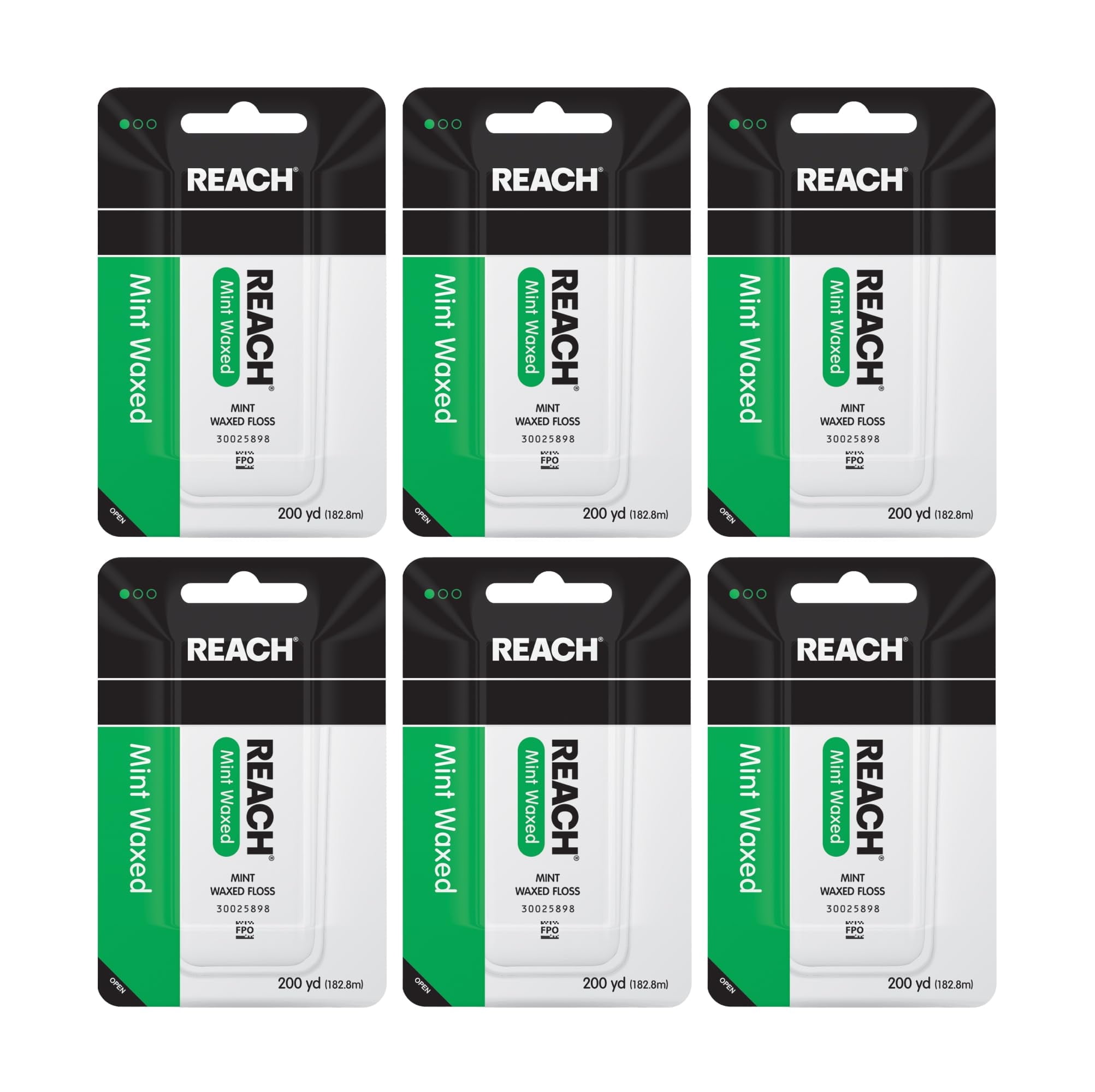 REACH Waxed Dental Floss, Mint, Plaque Remover for Shred Resistant, Floss Slides Smoothly, Easy to Use, Waxed, Deep Cleaning Oral Care, for Adults & Kids, 6 Pack, 200 yd