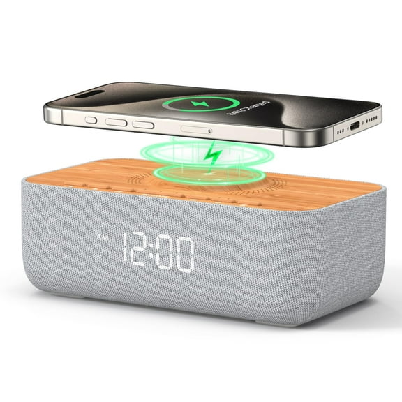REACHER 15W Fast Magnetic Wireless Charging Alarm Clock with White Noise Machine, Woodgrain Style, 20 HighFidelity Sounds, Gradual Wake & Snooze, 0100% Dimmable Digital Clock, Bedroom & Office