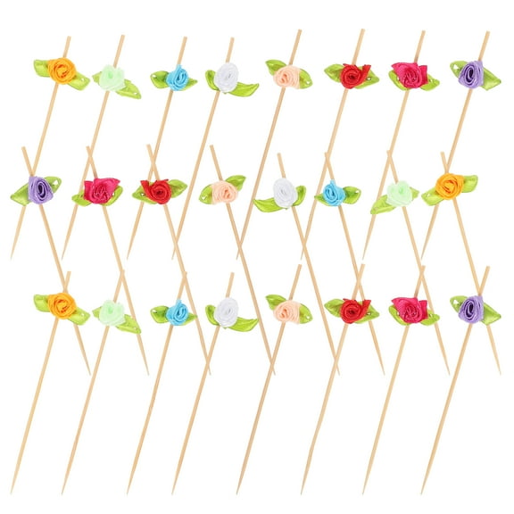 REACHISE 100Pcs Rose Cocktail Picks Flower Bamboo Cocktail Skewer Sticks Fancy Toothpicks for Appetizers