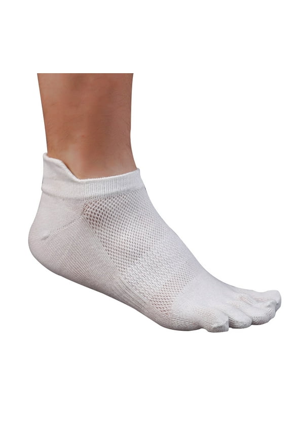 Men Cotton Low Cut Athletic Running Toe Socks 5 Finger No Show Mesh Wicking (White)