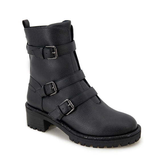 REACTION KENNETH COLE Womens Black Pull Tab Padded Buckle Accent Lug Sole Tate Round Toe Block Heel Zip-Up Moto 7 M