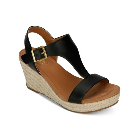 REACTION KENNETH COLE Womens Black T-Strap Moisture Wicking Breathable Ankle Strap Adjustable Strap Reaction Card Round Toe Wedge Buckle Espadrille Shoes 9