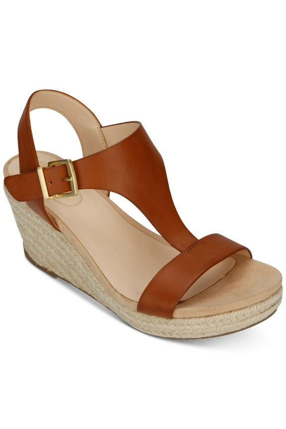 REACTION KENNETH COLE Womens Brown Padded Comfort 1" Platform Moisture Wicking T-Strap Card Wedge Buckle Espadrille Shoes 10