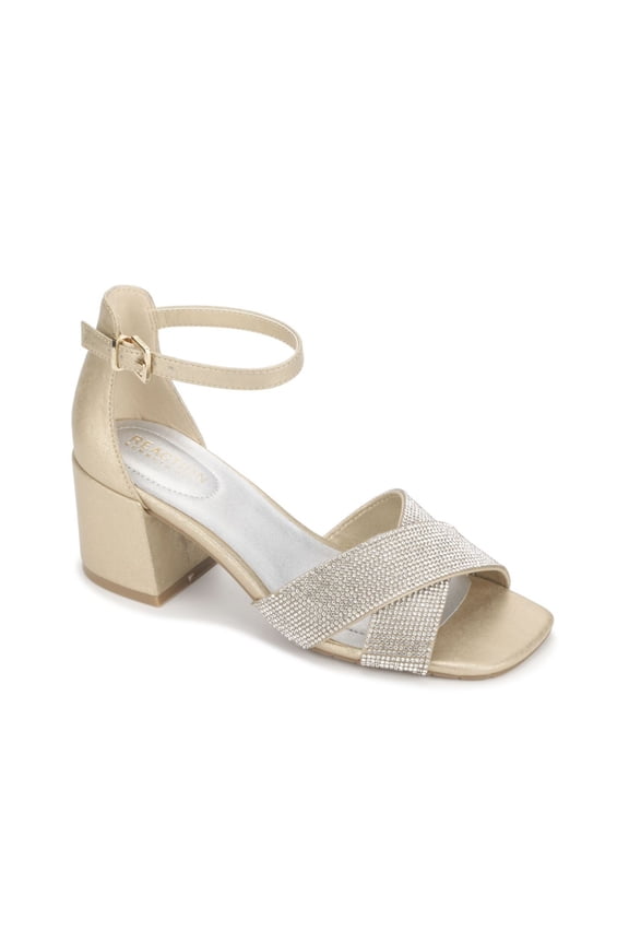 REACTION KENNETH COLE Womens Gold Mixed Media Padded Embellished Ankle Strap Mix X-band Open Toe Block Heel Buckle Dress Heeled Sandal 7.5 M