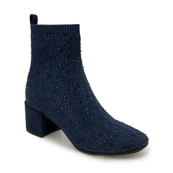 REACTION KENNETH COLE Womens Navy Embellished Stretch Rida Round Toe Block Heel Dress Booties 9.5