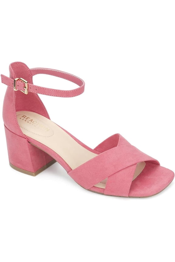 REACTION KENNETH COLE Womens Pink Ankle Strap Padded Mix X-band Square Toe Block Heel Buckle Dress Heeled Sandal 10 M