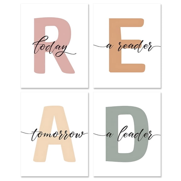"READ" Alphabet Wall Art Poster Classroom Decor - 8x10 Inch Canvas Prints Unframed Set of 4, Homeschool Decor Posters for Children's Reading Corner