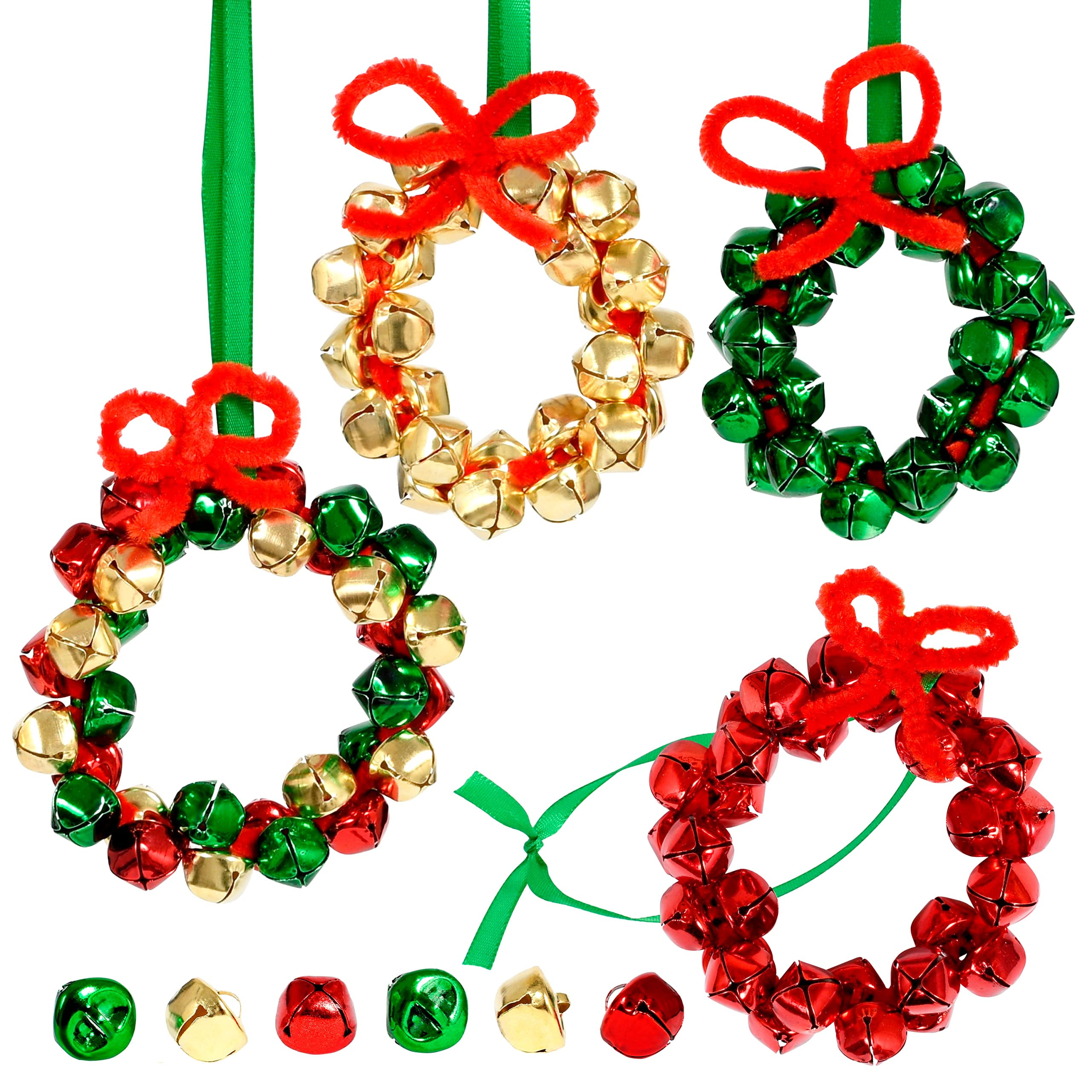DIY Jingle Bell Wreath Ornaments Set with Ribbons