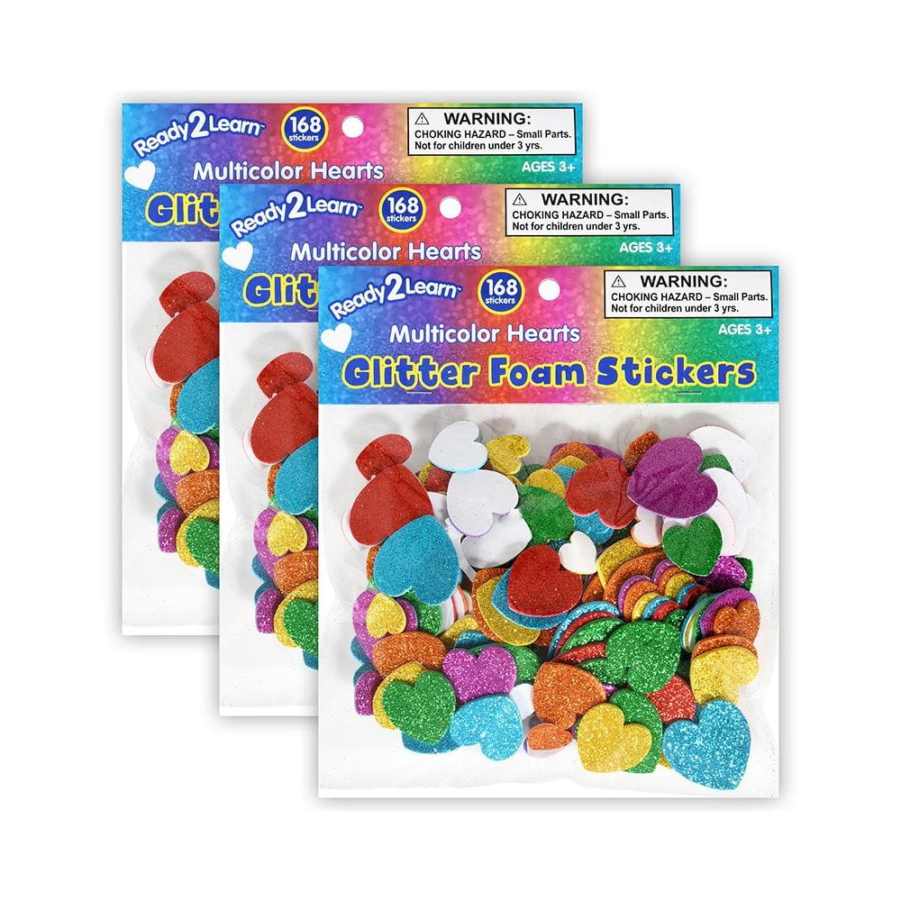 READY 2 LEARN Glitter Foam Stickers - Hearts - Multicolor - 168 Per Pack - 3 Packs