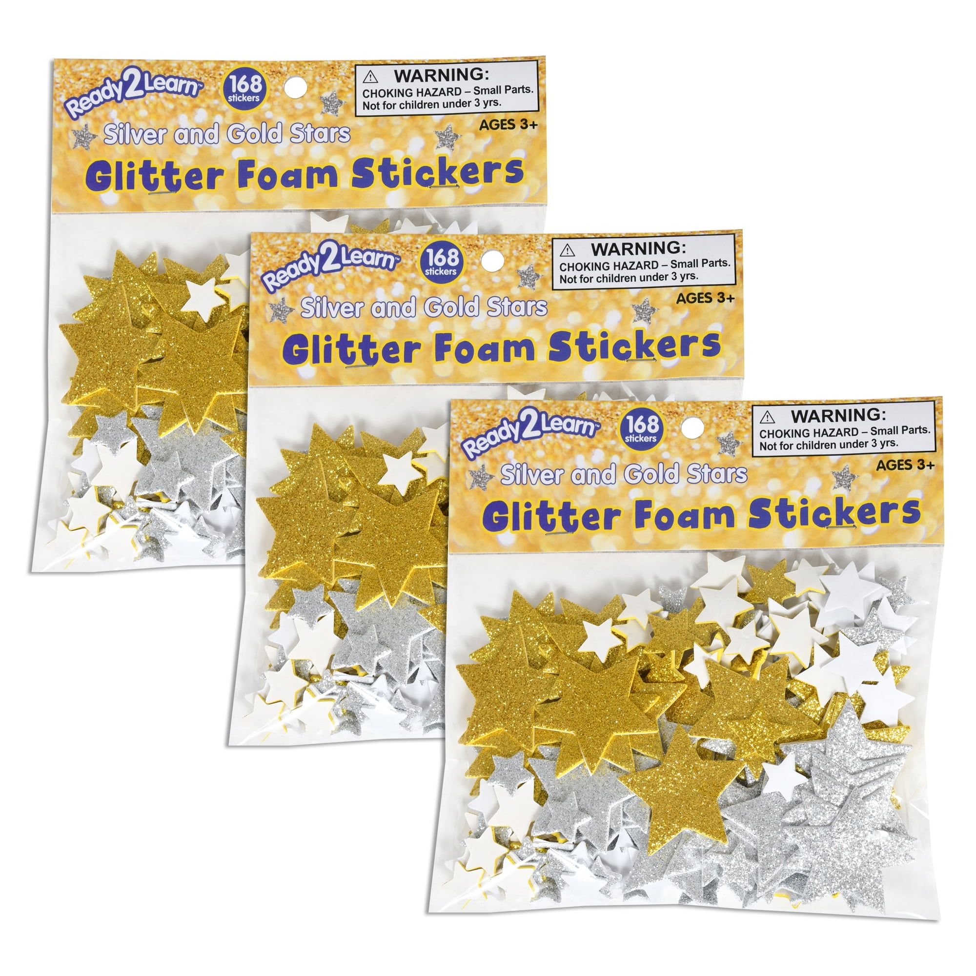 Ready 2 Learn Glitter Foam Stickers - Stars - Silver and Gold, 168 per Pack, 3 Packs