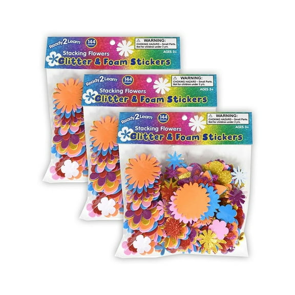 READY 2 LEARN Glitter and Foam Stickers - Stacking Flowers - 144 Per Pack - 3 Packs
