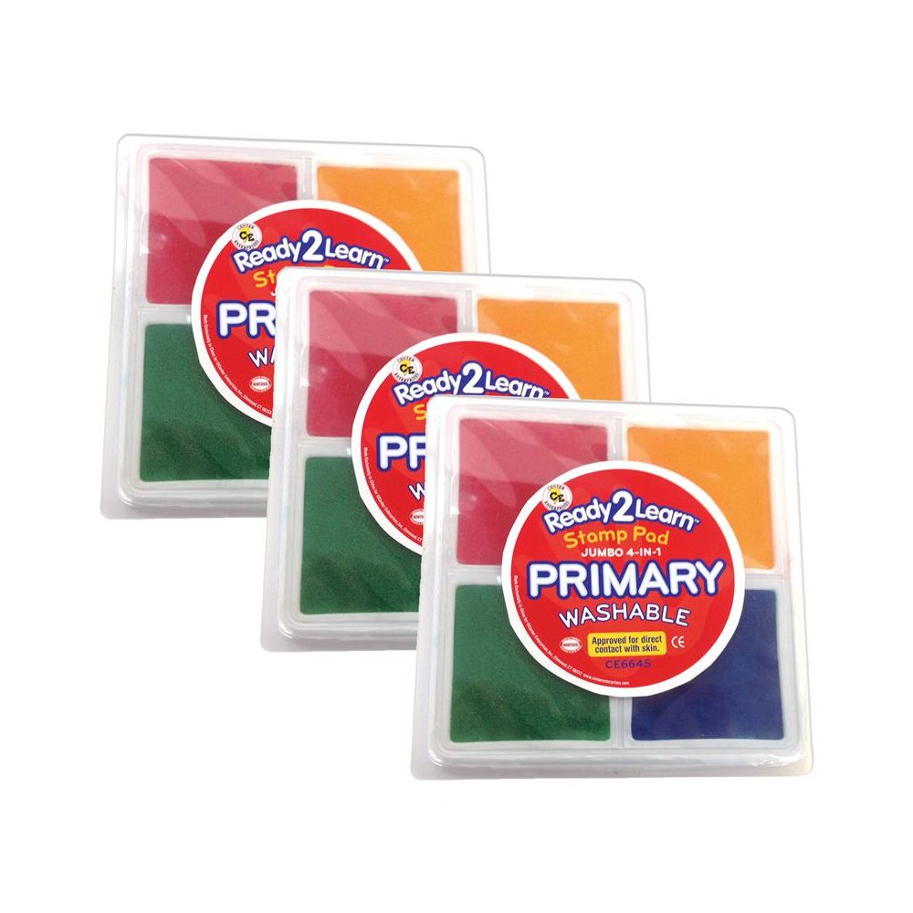 READY 2 LEARN Jumbo 4-in-1 Washable Stamp Pad - Red, Yellow, Green, Blue - Pack of 3