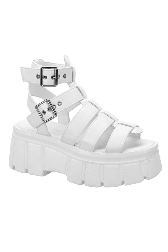 READYSALTED Women's Chunky Goth Platform Sandals Buckle Ankle Strap Gladiator Sandals Block Heel(White,Size 7)