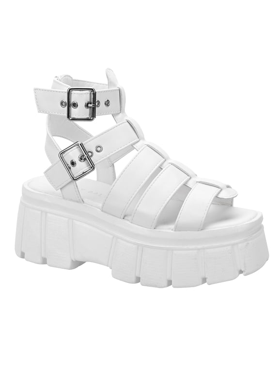 READYSALTED Women's Chunky Goth Platform Sandals Buckle Ankle Strap Gladiator Sandals Block Heel(White,Size 8)