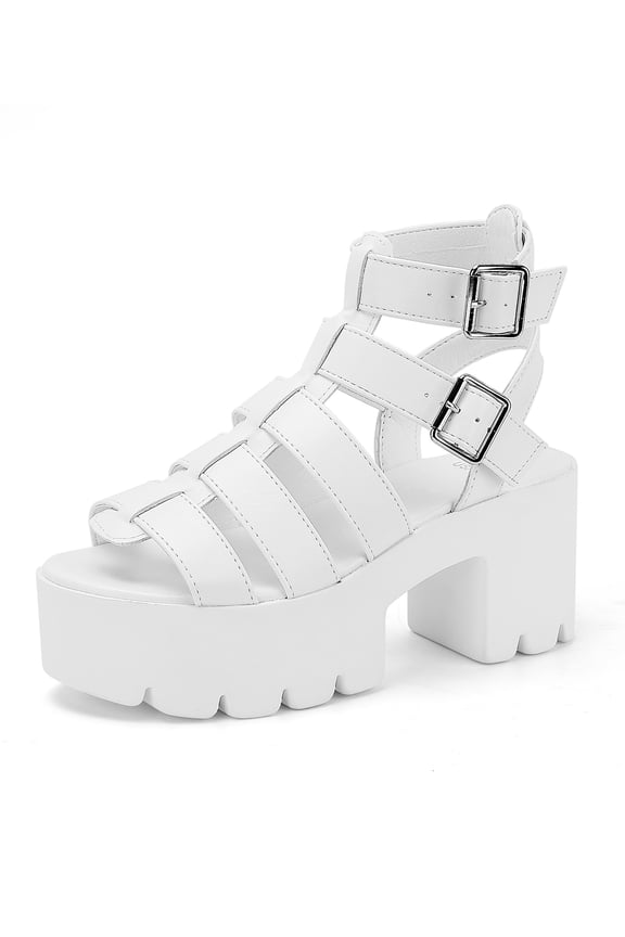 READYSALTED Women's Cleated Chunky Platform Sandals in Open Toe Ankle Strap Block Heel Gladiator Sandals(White,Size 7)