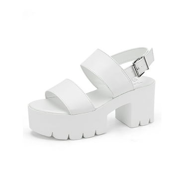 READYSALTED Women's Cleated Chunky Platform Sandals in Open Toe Ankle Strap Block Heel(White,Size 8)