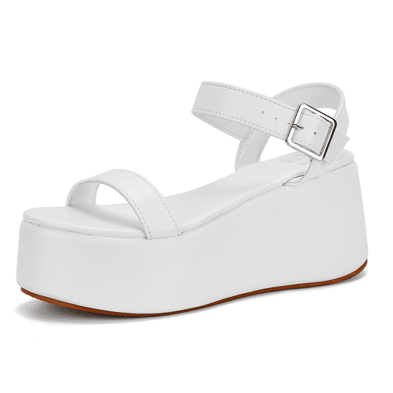 READYSALTED Women's Open Toe Cute Platform Wedge Ankle Strap Sandals(White,Size 9)