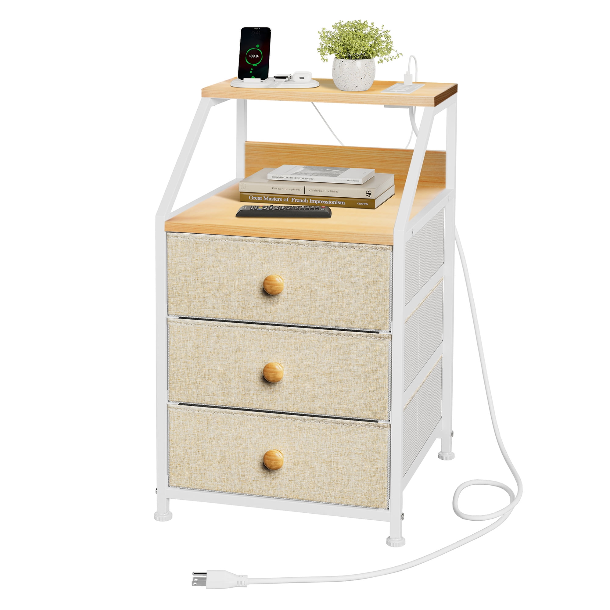 Taupe 3-Drawer Nightstand with Charging Station and Wood Top