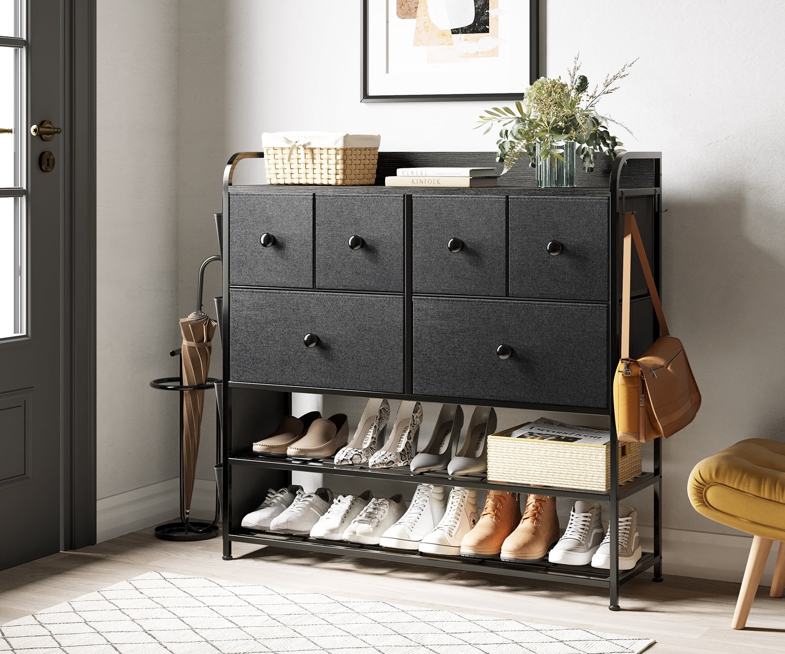 REAHOME 6 Drawer Dressers for Bedroom Modern Style Fabric Chest of Drawers Black Grey Storage Drawer Unit Tower with Shelf