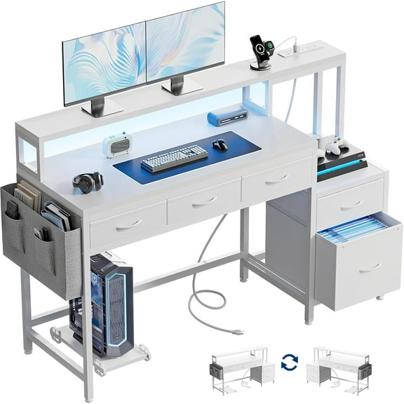 REAHOME 61 Inch Gaming Desk with Charging Station and LED Lights, Reversible Computer Desk with Storage Drawer and Monitor Stand, Modern Desk Table with File Cabinet & Side Pocket, Carbon Fiber White