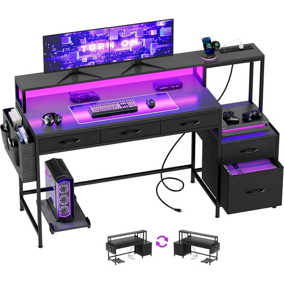 REAHOME 61 Inch Gaming Desk with Charging Station and LED Lights, Reversible Computer Desk with Storage Drawer and Monitor Stand, Modern Desk Table with File Cabinet & Side Pocket, Carbon Fiber Black