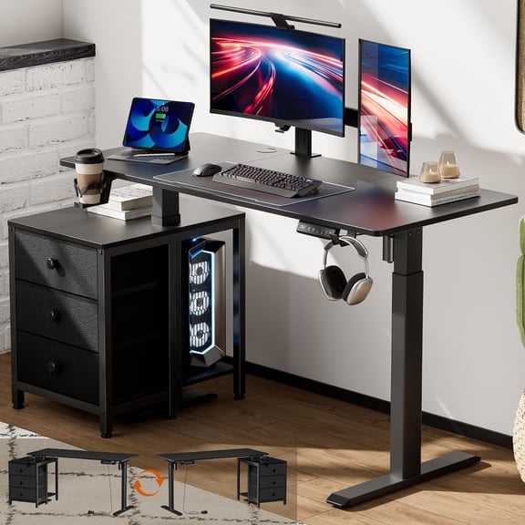 REAHOME Electric Standing Desk with Drawers, 47 x 24 Inches Height Adjustable Sit Stand Desk with Storage, 3 Memory Preset Home Office Computer Desk, Printer Cabinet, 2 Hooks, Cable Management, Black