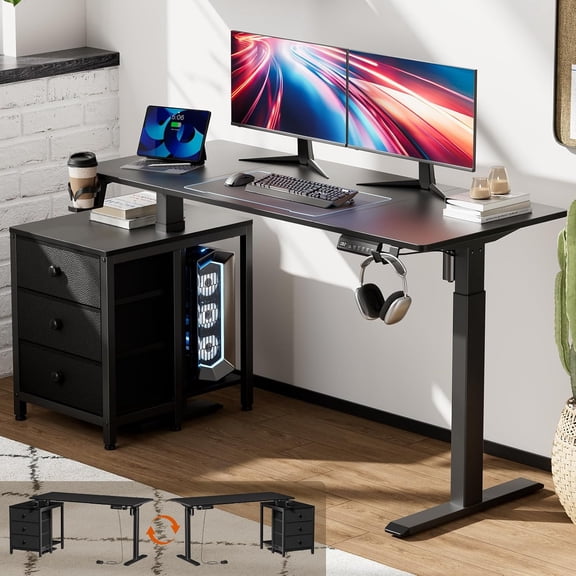 REAHOME Electric Standing Desk with Drawers, 55 x 24 Inches Height Adjustable Sit Stand Desk with Storage, 3 Memory Preset Home Office Computer Desk, Printer Cabinet, 2 Hooks, Cable Management, Black