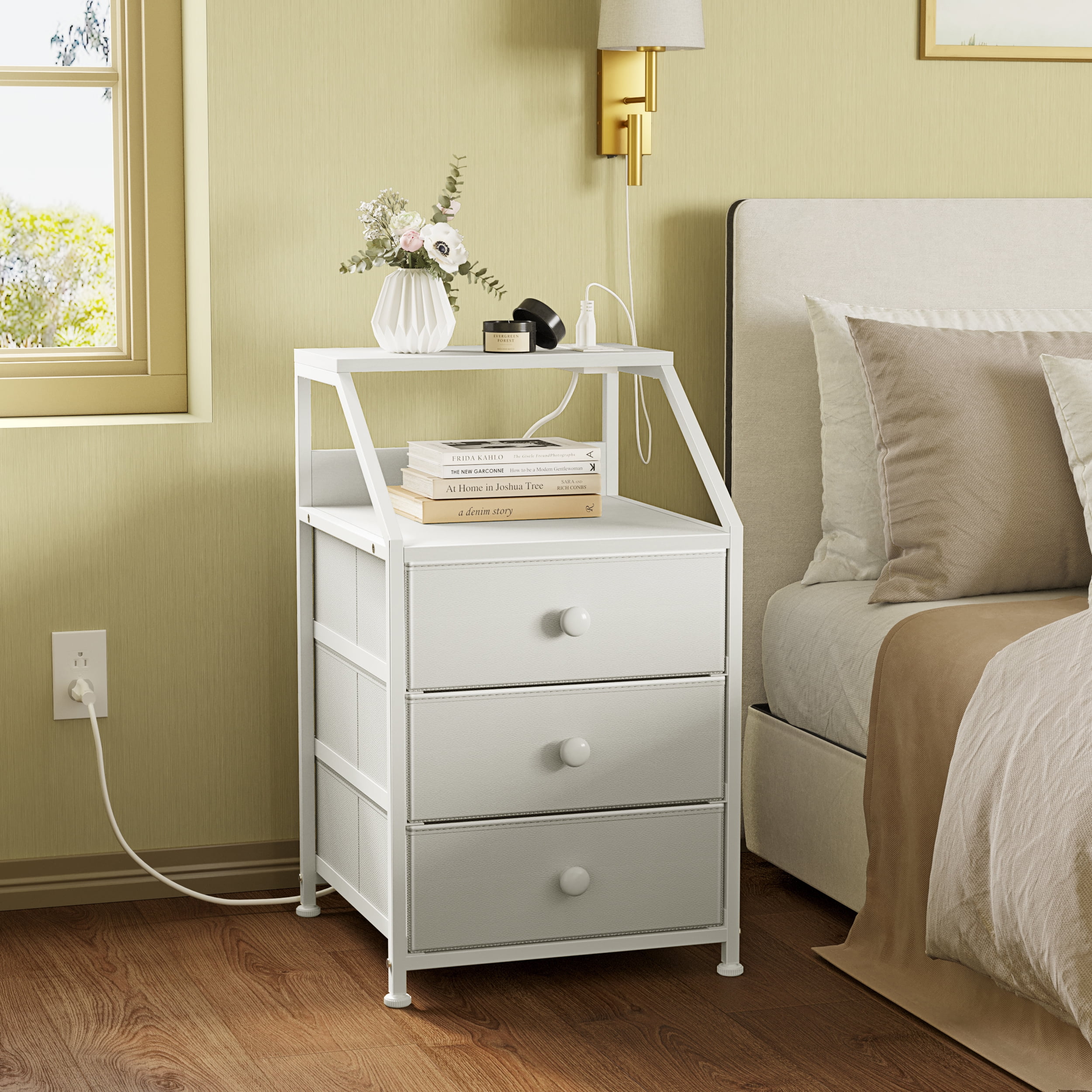 REAHOME Nightstand, White Night Stands with Charging Station, Bedside