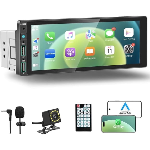 REAKOSOUND 6.9" Single Din Car Stereo with Apple CarPlay & Android Auto, Single Din Touchscreen Radio, Car Stereo with Bluetooth, Backup Camera, GPS Navigation, Mirror Link, FM/AM, EQ, USB, SWC, MIC