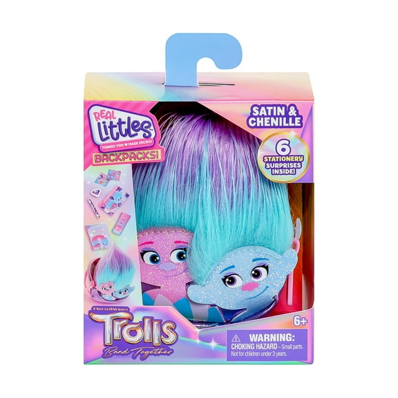 REAL LITTLES Trolls Band Together Backpack with 6 Micro Stationery Surprises Inside! 4 to Collect - Poppy, Branch, Viva, Satin & Chenille - Styles May Vary