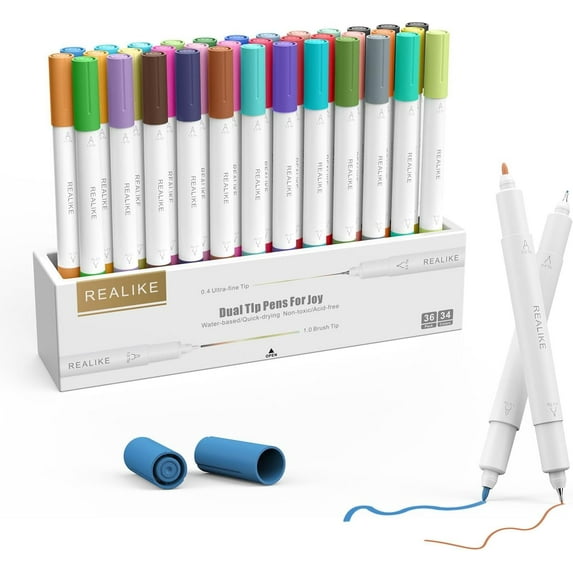 REALIKE Dual Tip Pens Compatible with Cricut Joy/Xtra Accessories Tools Dual Tip Marker Pens Set of 36 Pack Assorted Writing Drawing Fine Point Pen (0.4 Tip & 1.0 Tip)