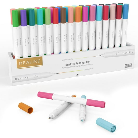 REALIKE Dual Tip Pens Compatible with Cricut Joy/Xtra Accessories Tools Dual Tip Marker Pens Set of 48 Pack Assorted Writing Drawing Fine Point Pen (0.4 Tip & 1.0 Tip)
