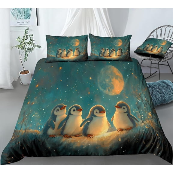 REALIN Arctic Night View Penguin Bedding Cartoon Cute Penguin Duvet Cover Set Girl Boy Kids Bed Sets 3/4PCS Quilt Covers/Sheets/Pillow Shams,Twin/Full/Queen/King