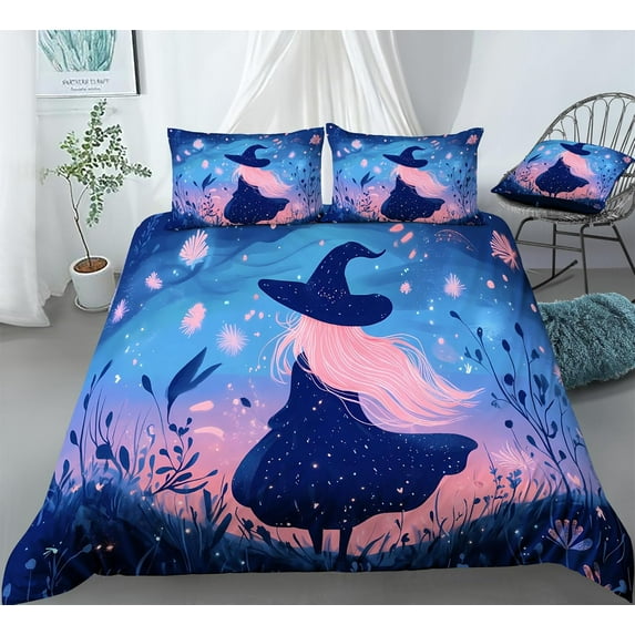 REALIN Cartoon Witch Bedding Halloween Decor for Witch Lovers Duvet Cover Set Girl Boy Kids Bed Sets 3/4PCS Quilt Covers/Sheets/Pillow Shams,Twin/Full/Queen/King (A,Twin-172x218cm-4PCS)