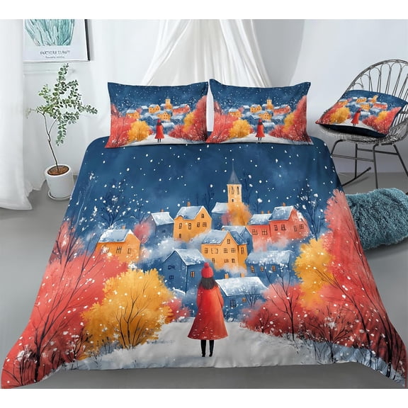 REALIN Christmas Winter Wonderland Small Town Bedding Small Town Duvet Cover Set Girl Boy Kids Bed Sets 3/4PCS Quilt Covers/Sheets/Pillow Shams,Twin/Full/Queen/King